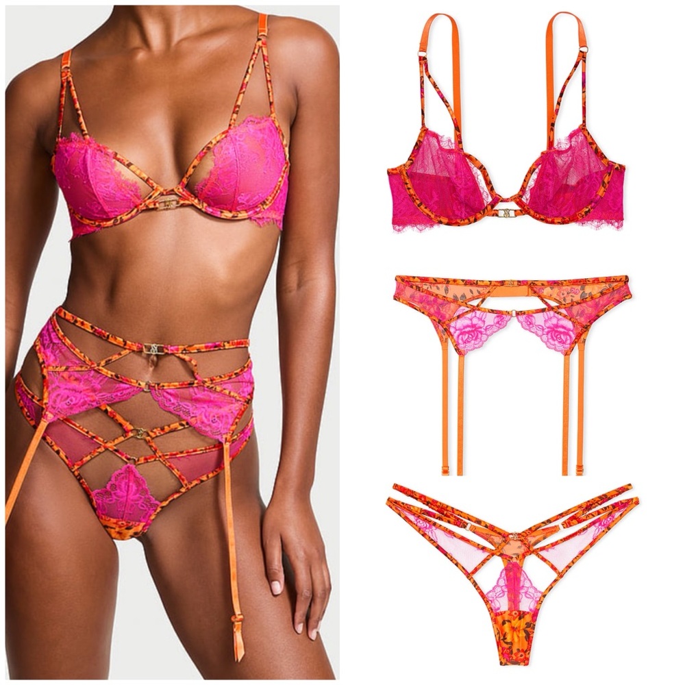 Victoria’s Secret 3PC VERY SEXY Satin Floral Bra Panty Garter Flaming Hot 🔥🔥🔥
